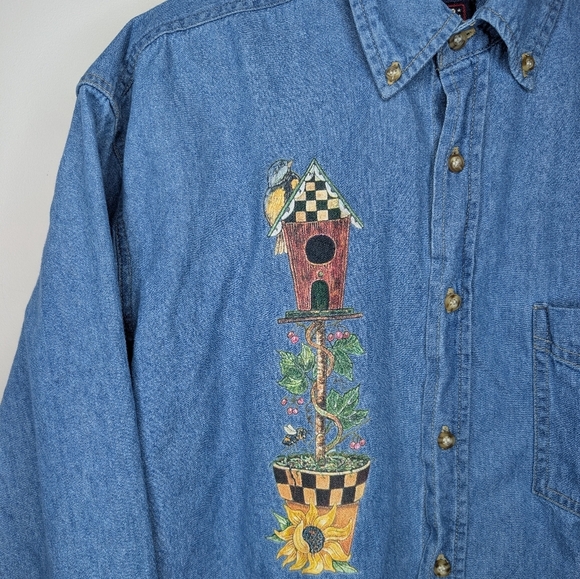 Vintage 90s Faded Glory Bird Screen Print Button Down Denim Top Unisex Men's Med - Picture 5 of 10